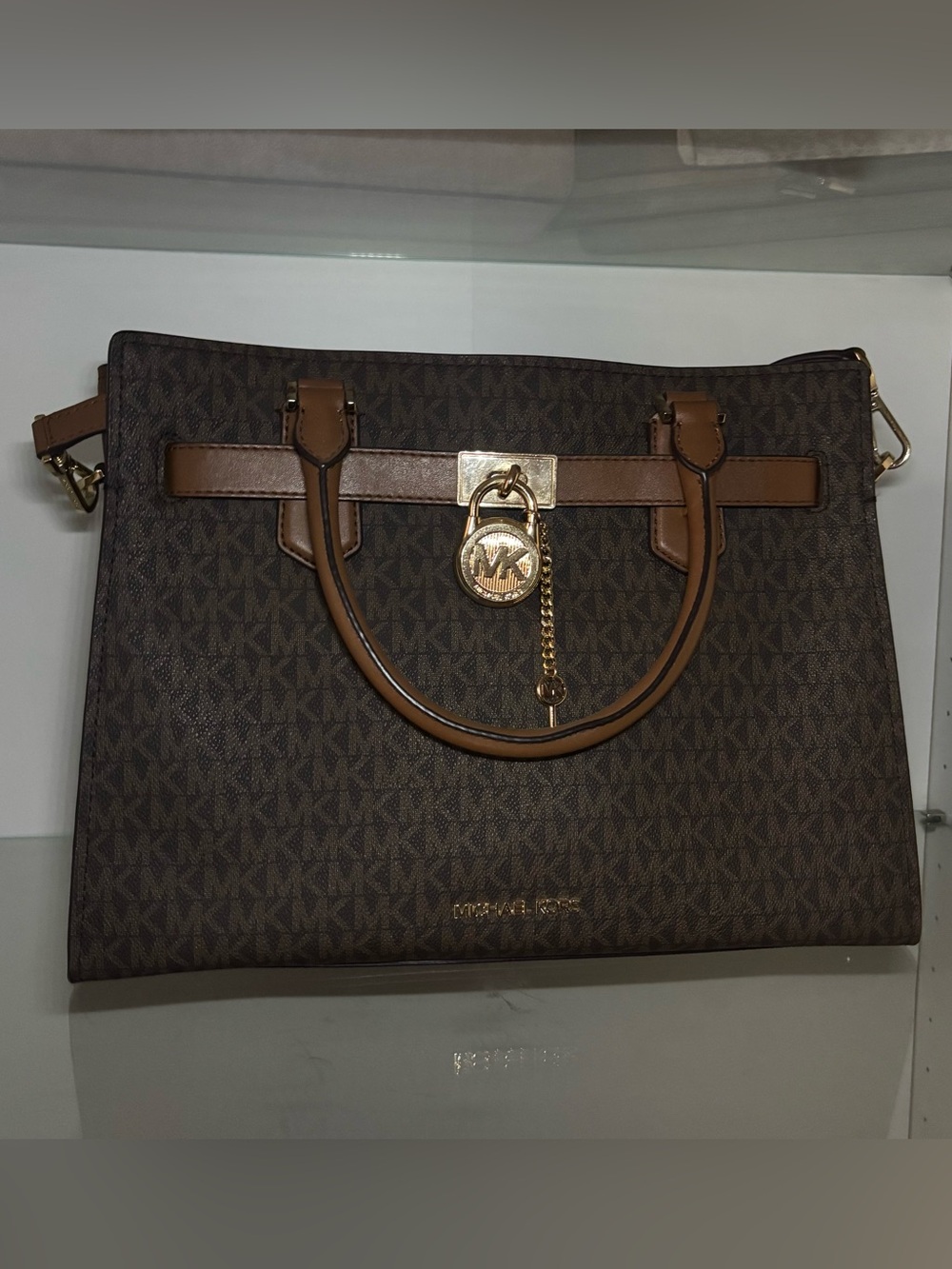 Michael Kors Brown Logo-Print Tote with Gold Hardware
